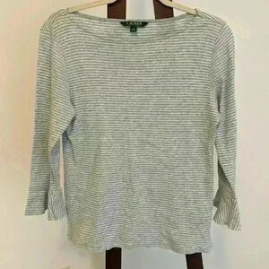 Lauren Ralph Lauren Grey Striped Too and Bell 3/4 Sleeve Sz L